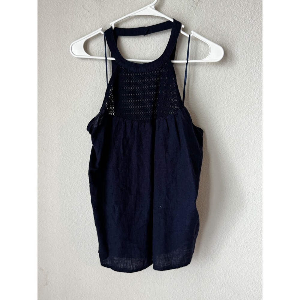 Rachel Zoe Navy Blue 100% Linen Crochet Mesh Halter Top XL